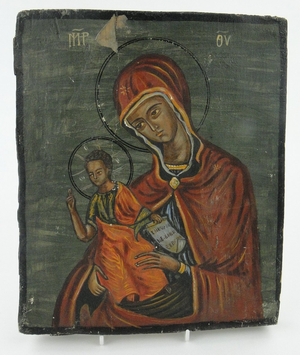 Antique painted icon on pine panel depicting the Madonna and child, 10.75".