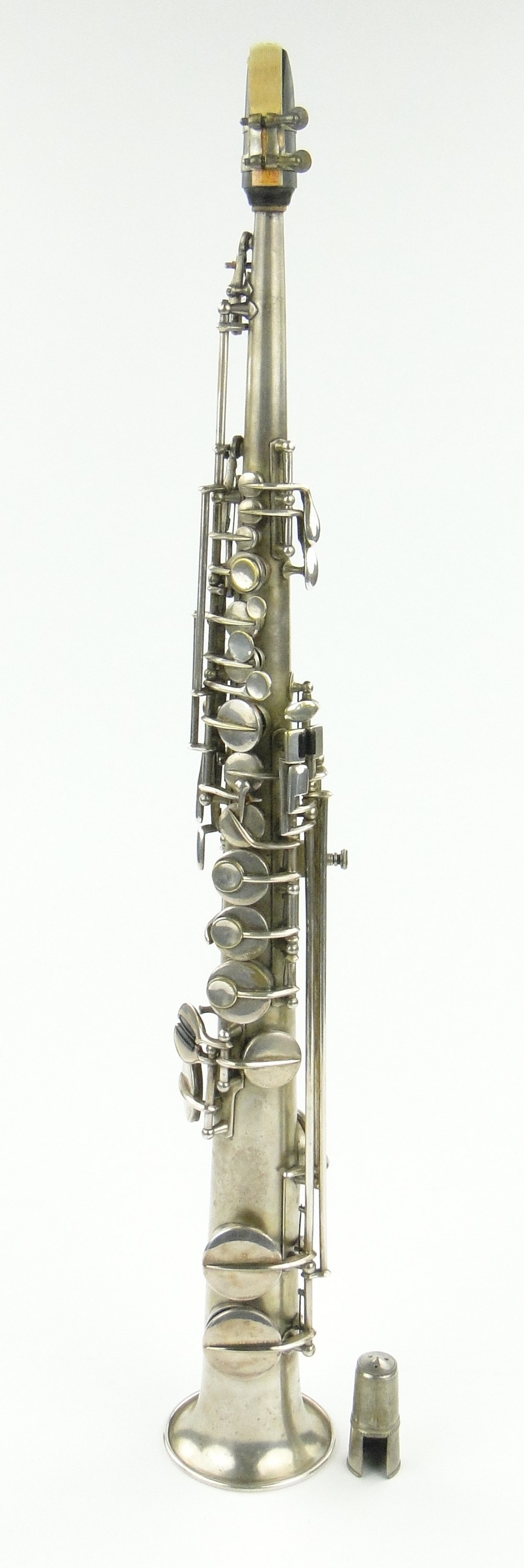 A silver plated straight saxophone in fitted case.