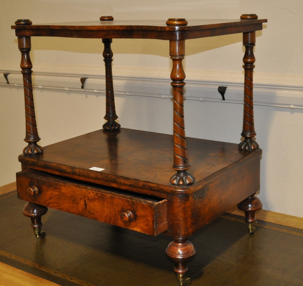 A Victorian burr walnut 2-tier whatnot with drawer fitted base, width 23".
