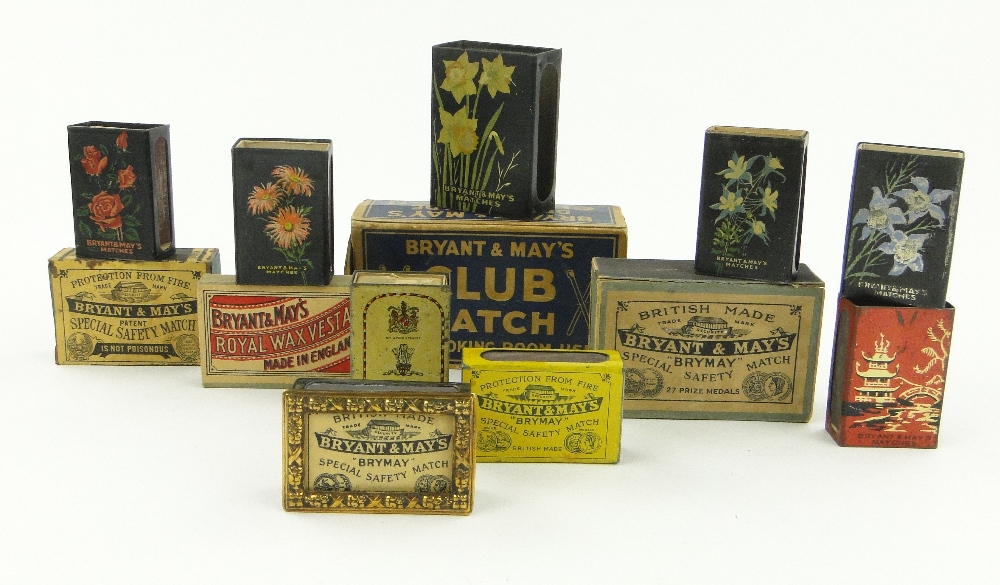 Bryant & Mays daffodil design metal matchbox holder and 4 smaller ones, and other matchboxes, (13).