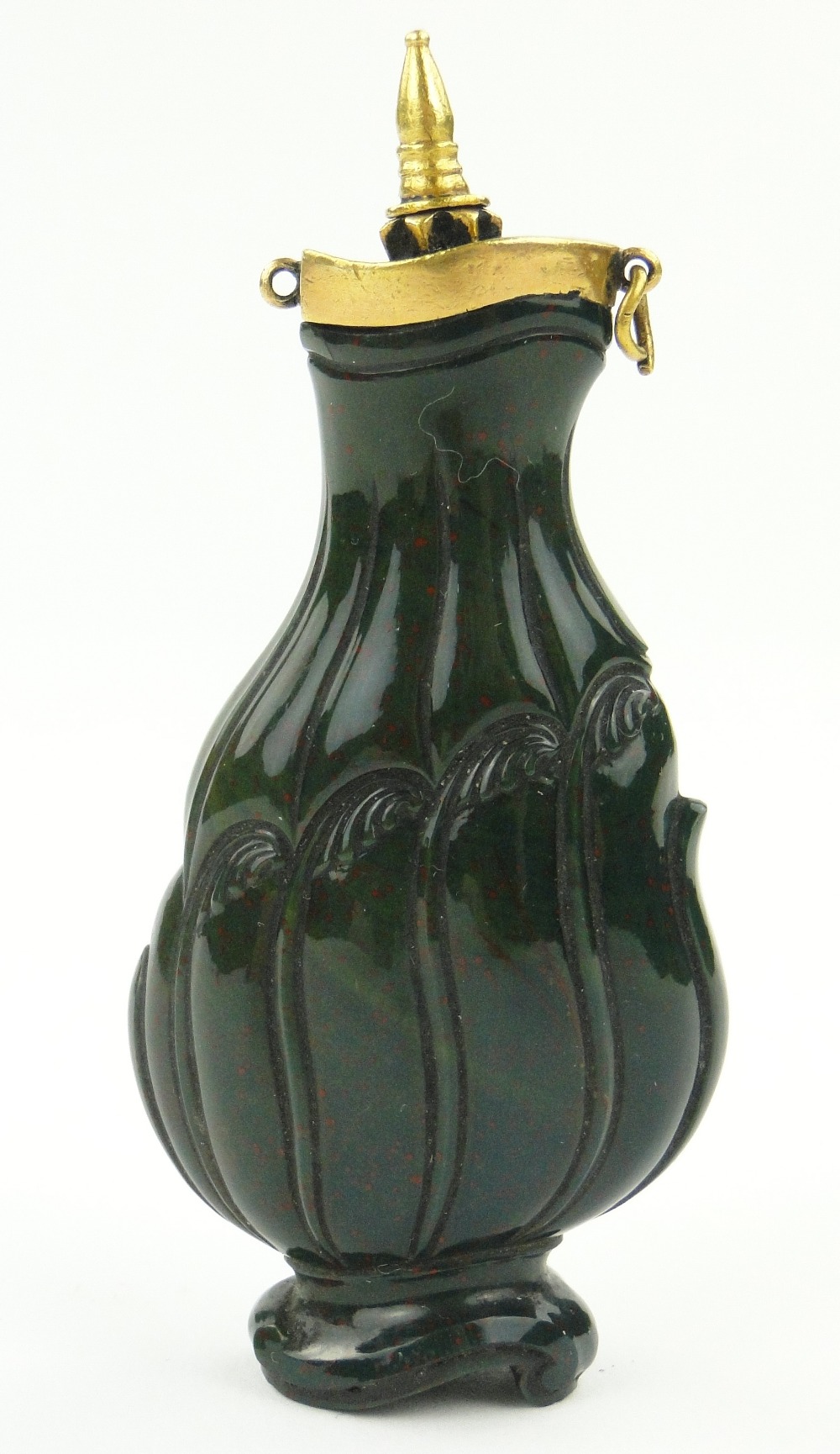 Antique Chinese carved bloodstone snuff bottle with unmarked gold mount and stopper, height 3".