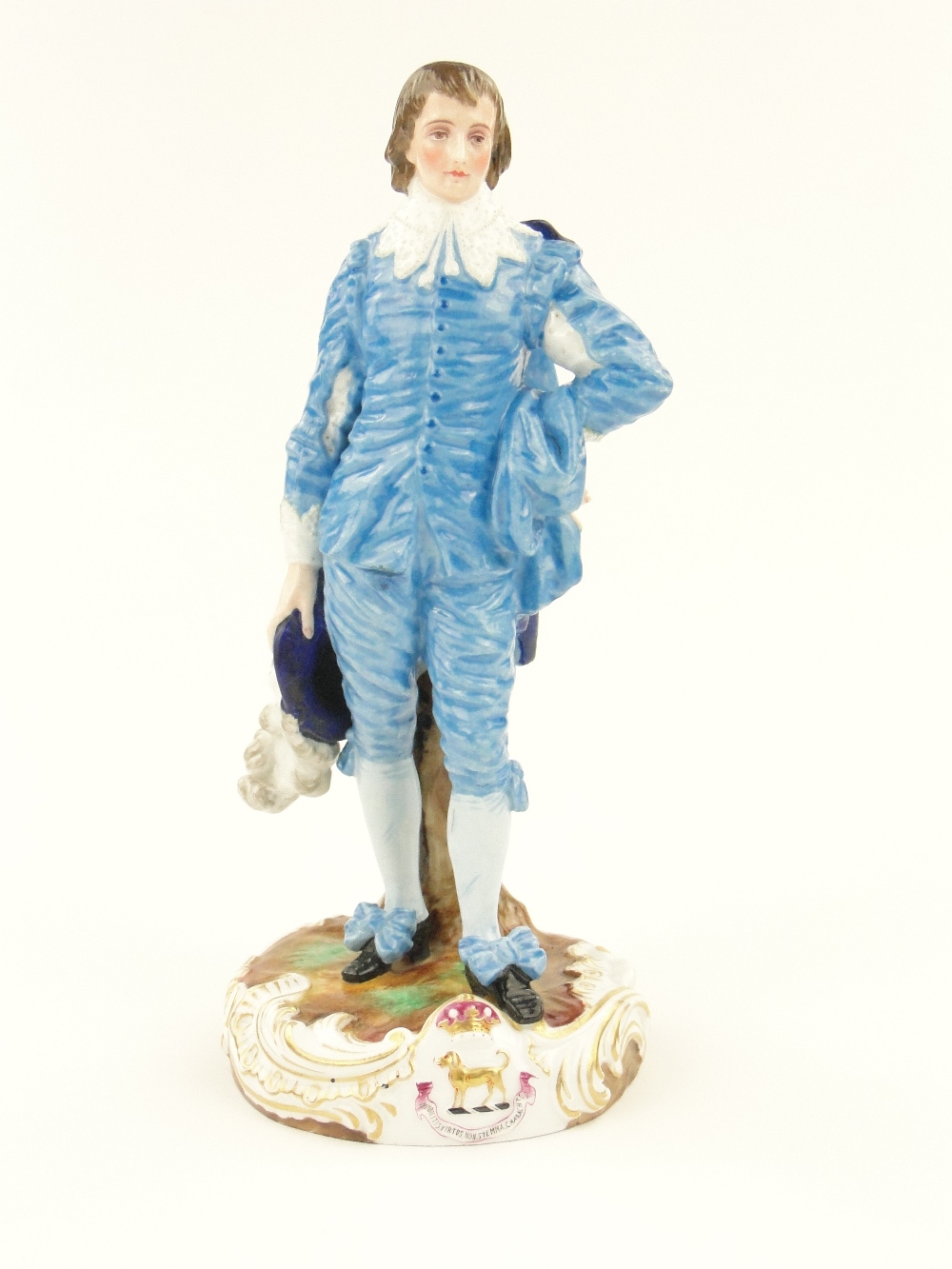 Dresden "Blue Boy" figure on scrolled plinth with armorial crest, 11".