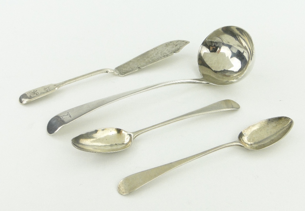 George III silver sauce ladle, pair of Georgian silver teaspoons and a silver butterknife, (4).