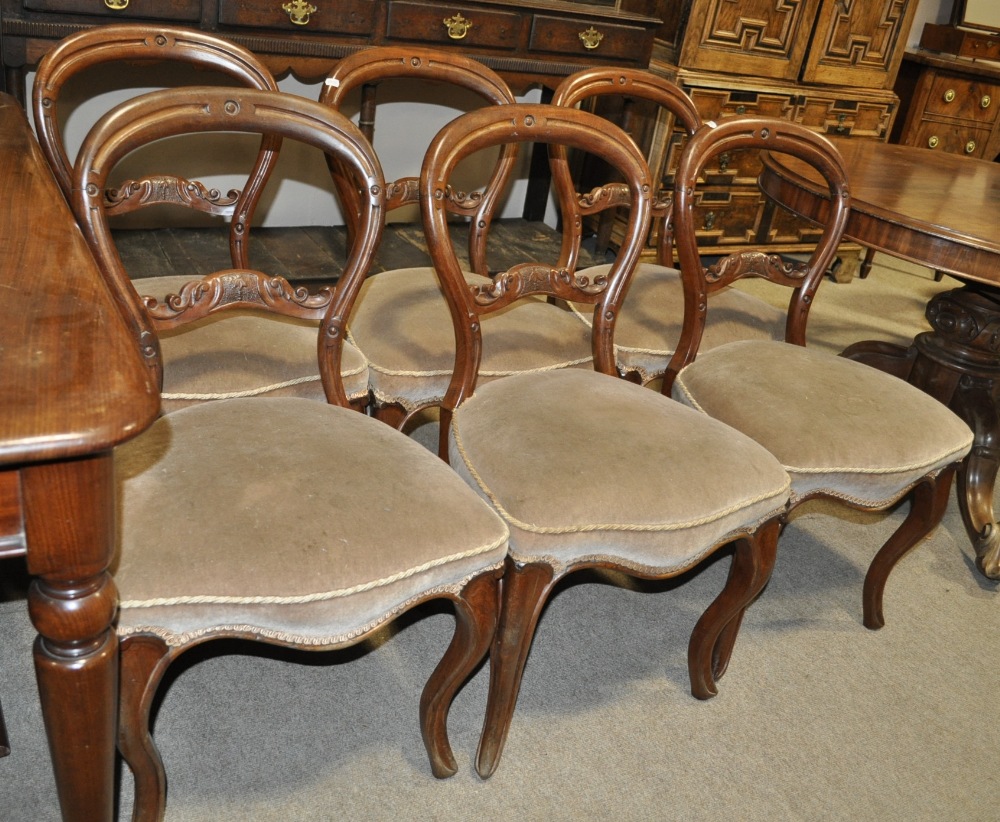 Set of 6 Victorian mahogany balloon back dining chairs on cabriole legs.