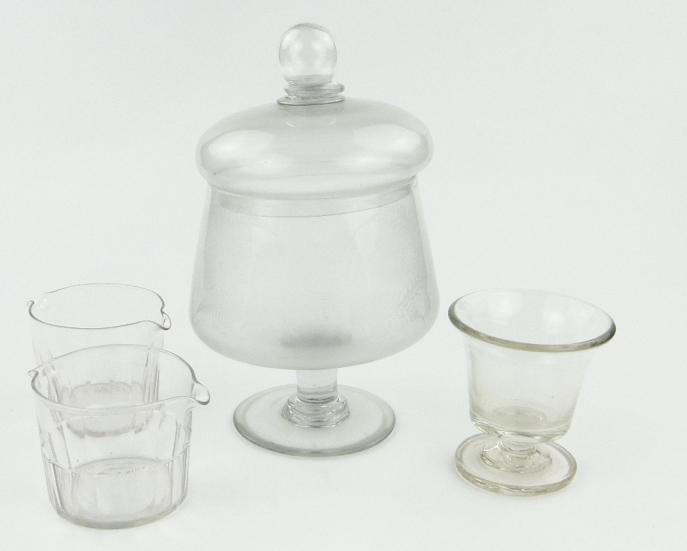 Glass jar and cover engraved Margerison, height 13.5"  and a 19th century glass, (2)  **