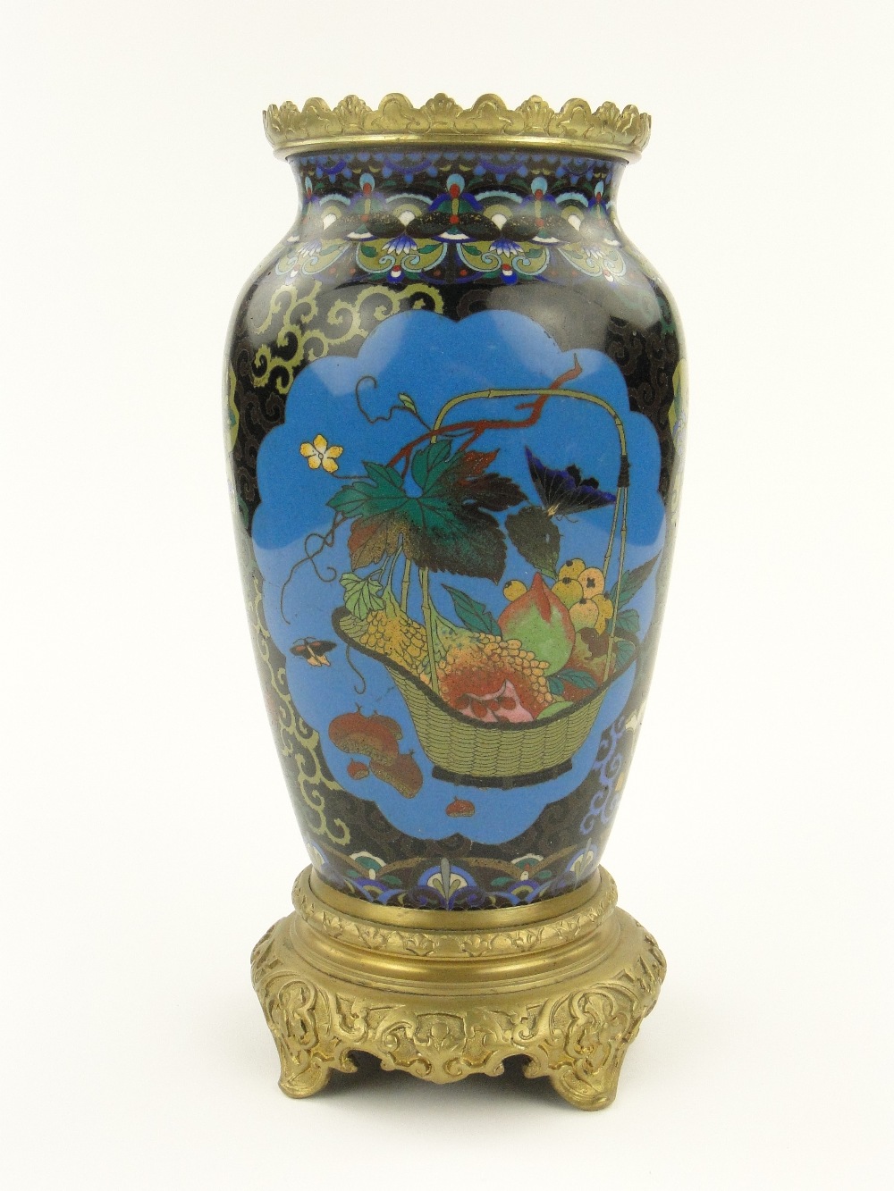 Chinese Cloisonne lamp base with bird and butterfly panels on black ground, 13".