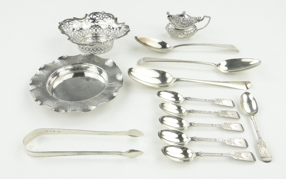 3 George III silver tablespoons, pair of Georgian silver sugar tongs and a set of 6 Victorian