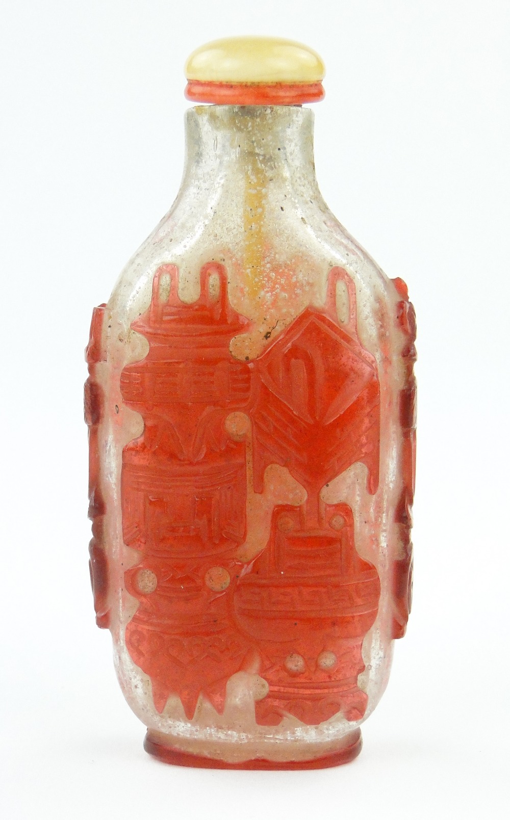 Antique Chinese Peking red overlay glass snuff bottle and stopper, 2.75".