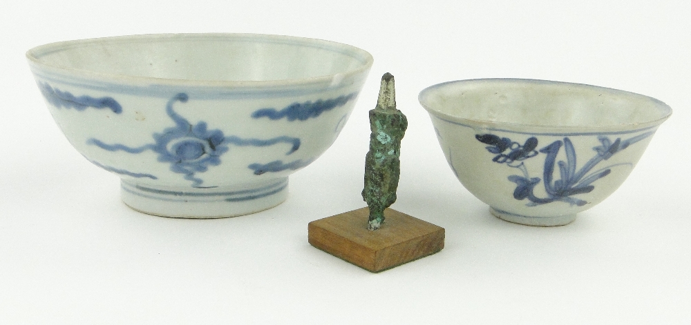 A signed Chinese blue and white porcelain bowl on foot, diameter 6.75", smaller bowl and an