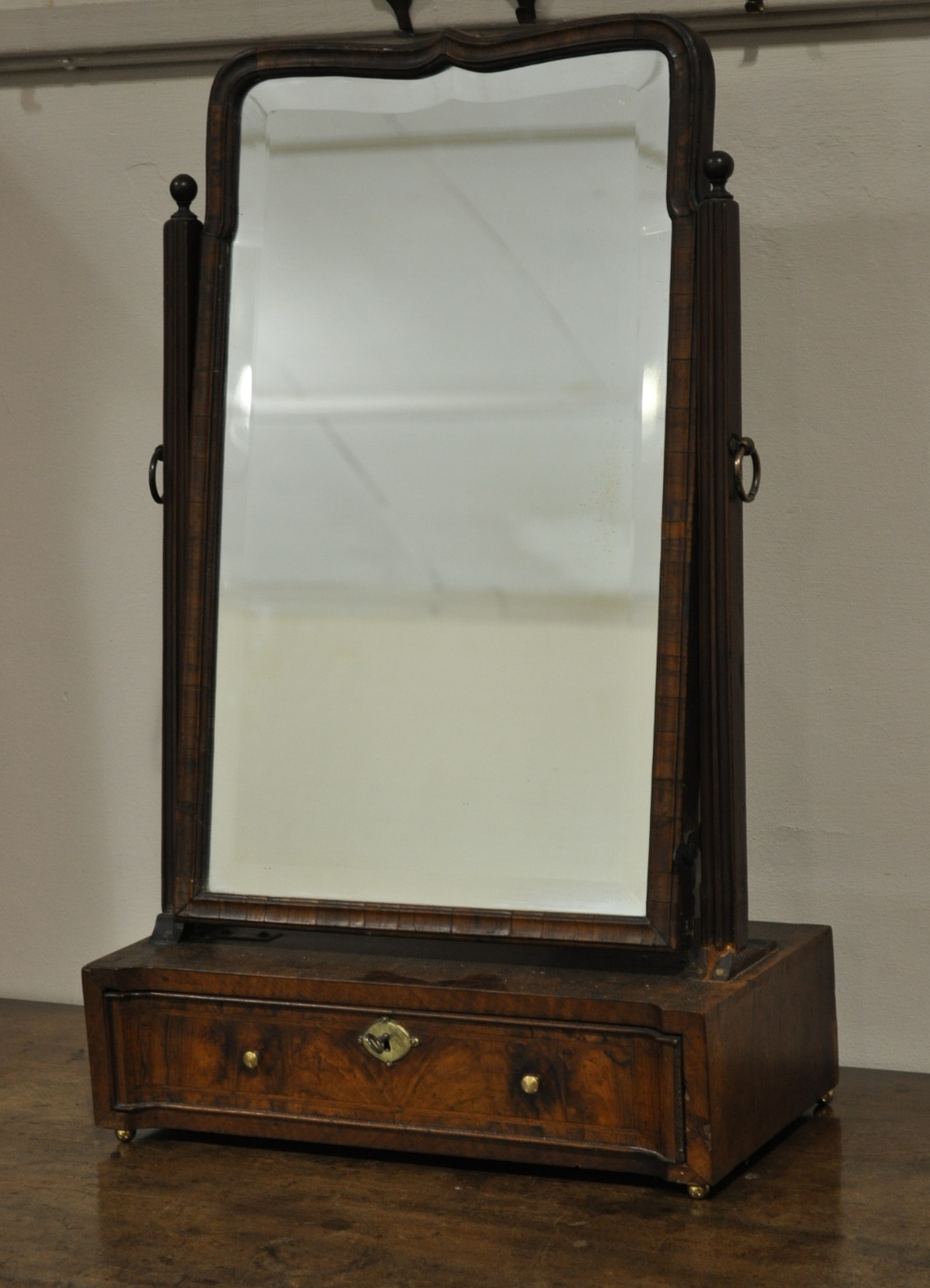 19th century crossbanded walnut swing dressing table mirror with single drawer.