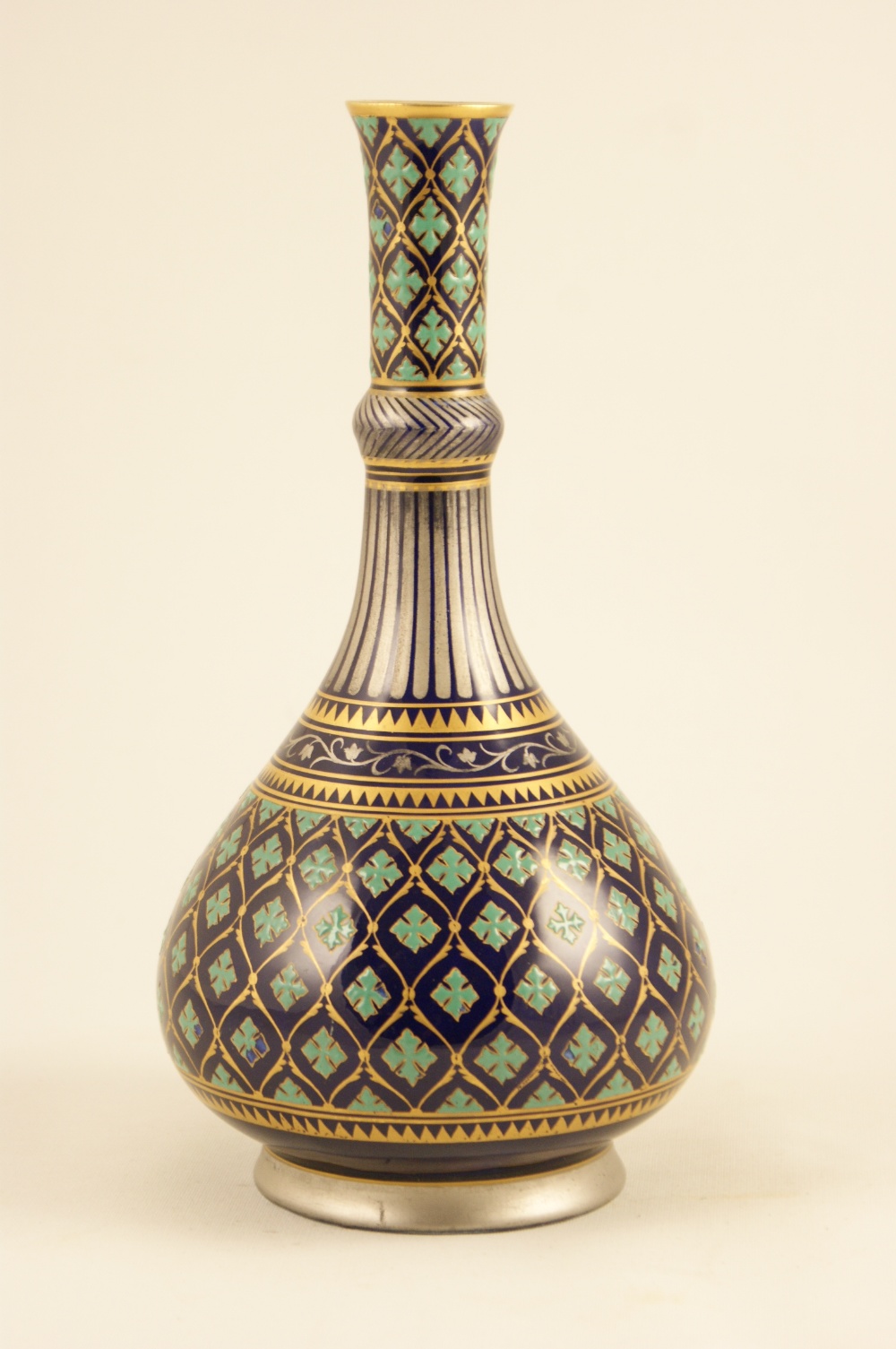 Persian style cobalt blue bottle flask, 20th Century, baluster form with slender neck, decorated