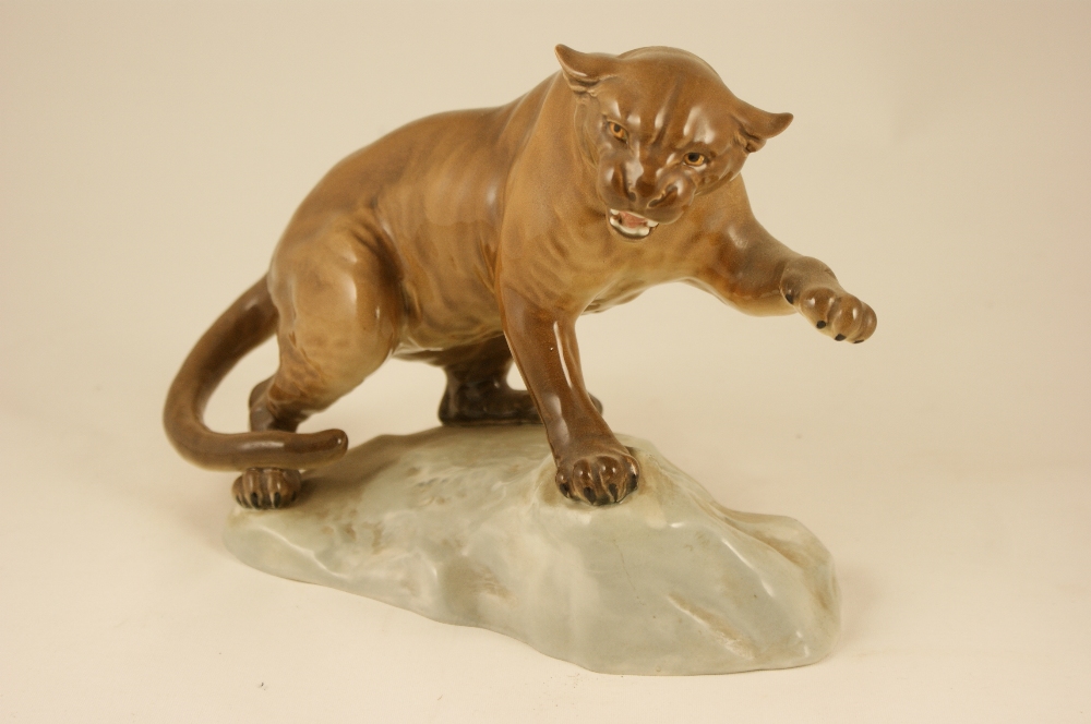 Beswick puma on a rock (1823), designed by Arthur Gredington, finished in tawny gloss, issued 1962-