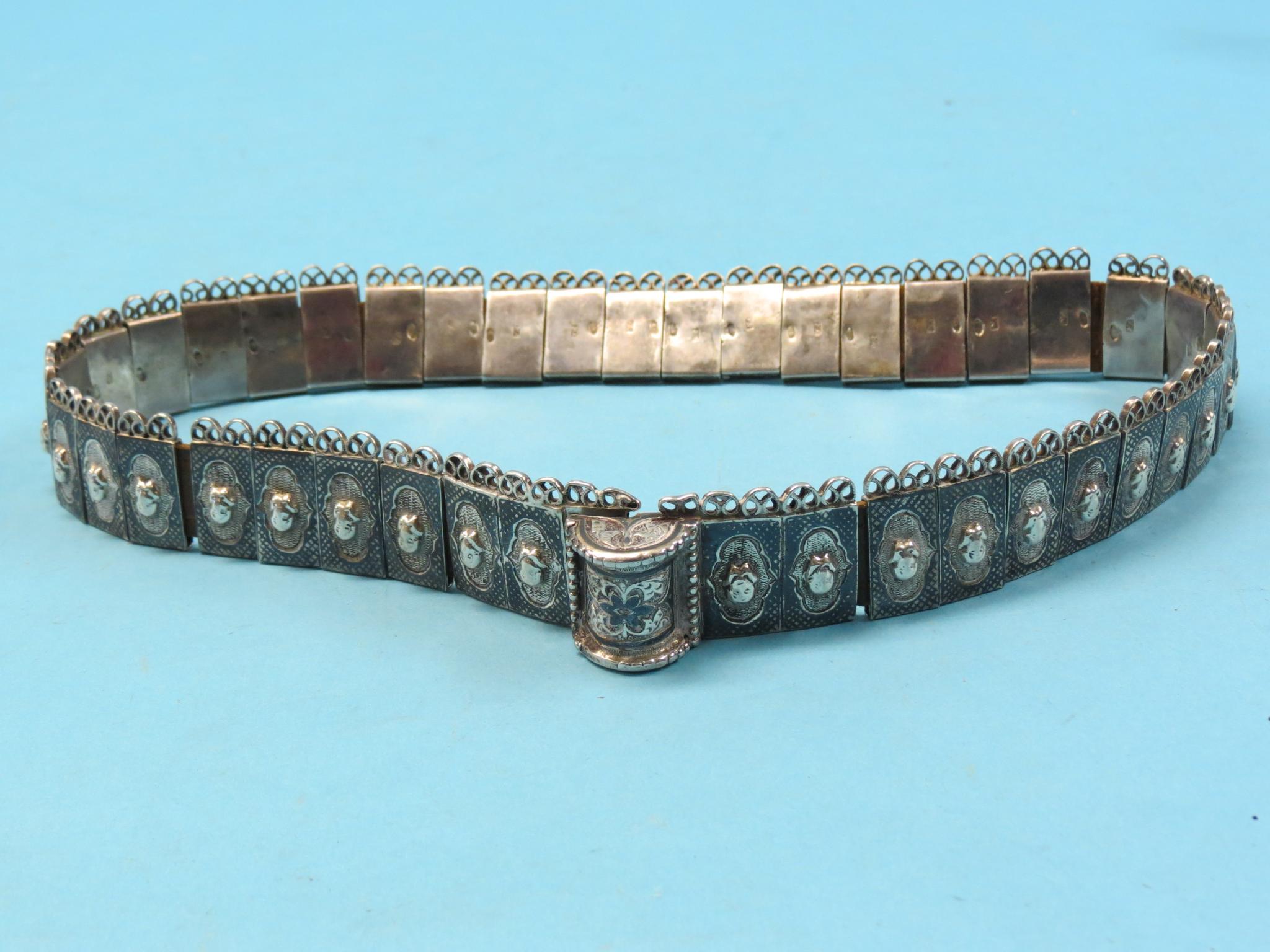 A Russian 84 zlotnik and niello waist-belt, composed of numerous sliding links, hallmarks verso