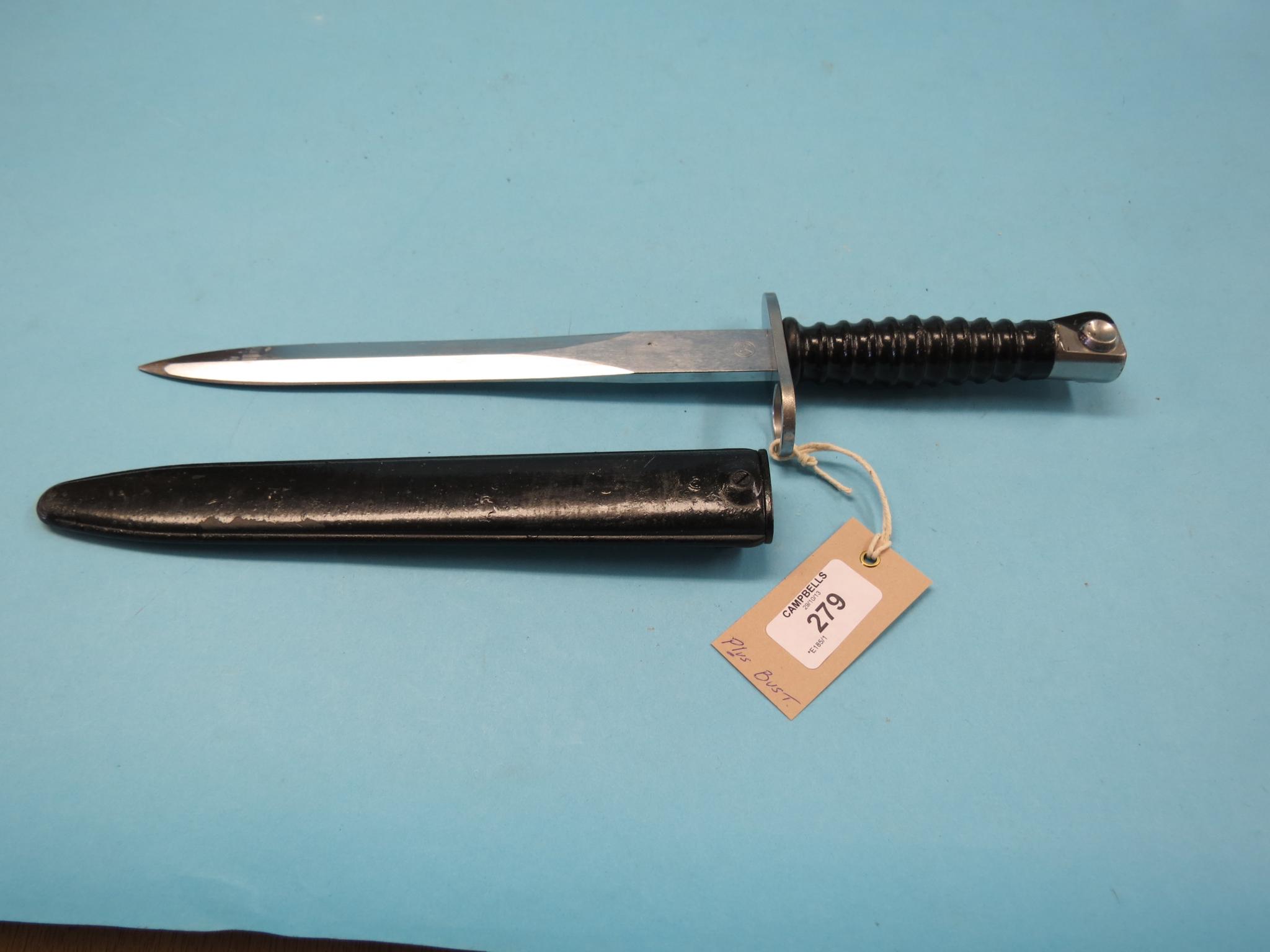 A Swiss bayonet, 9.5in. blade, within sheath and a cast metal portrait bust, Adolf Hitler, 8in.