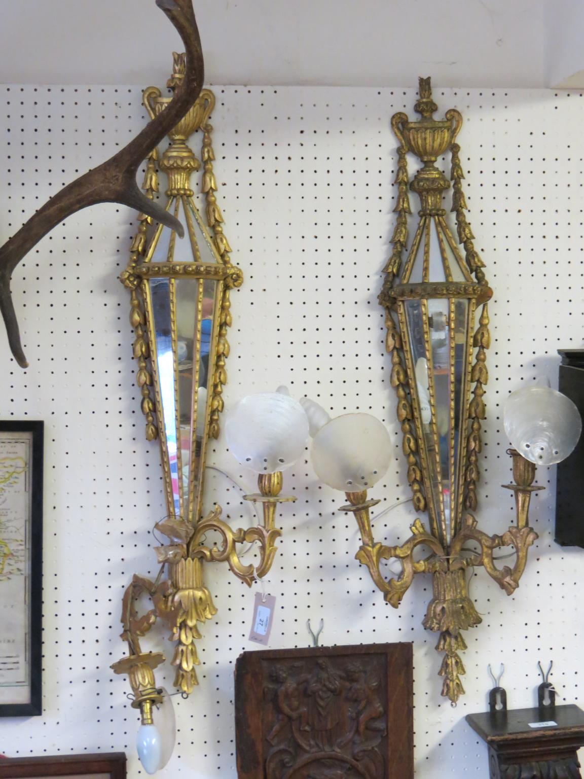 A pair of Adam-style electroliers, gilded pine carved with urn surmounts and foliate swags, 2ft.