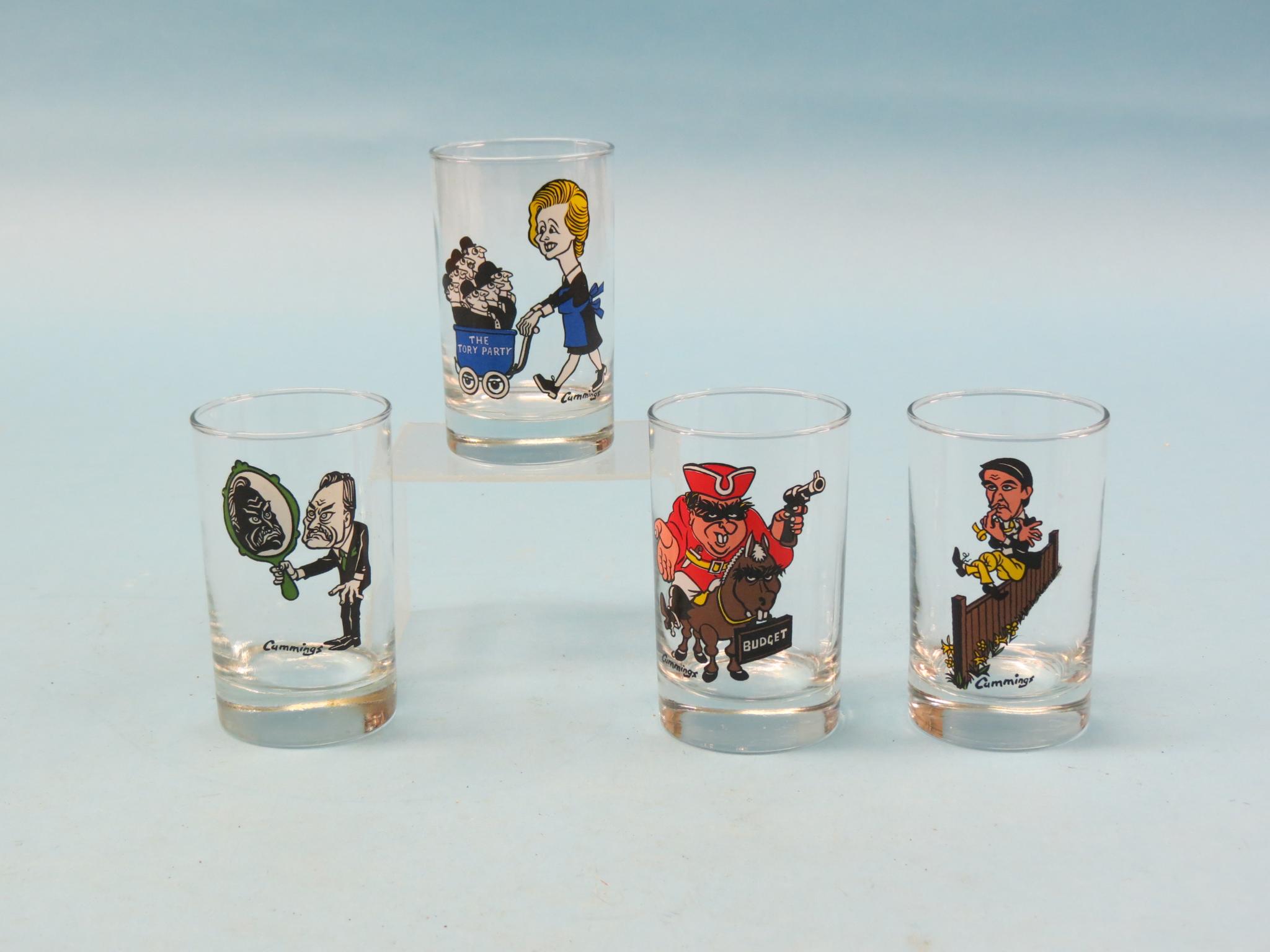 A set of four spirit glasses, political satire, featuring Thatcher, Steel, Healey and Powell in