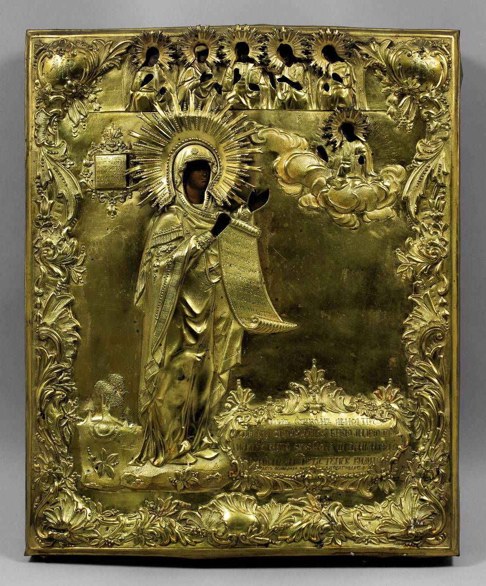 A 19th Century Russian icon of “The Bogoliubskaya Mother of God”, standing with a scroll before an