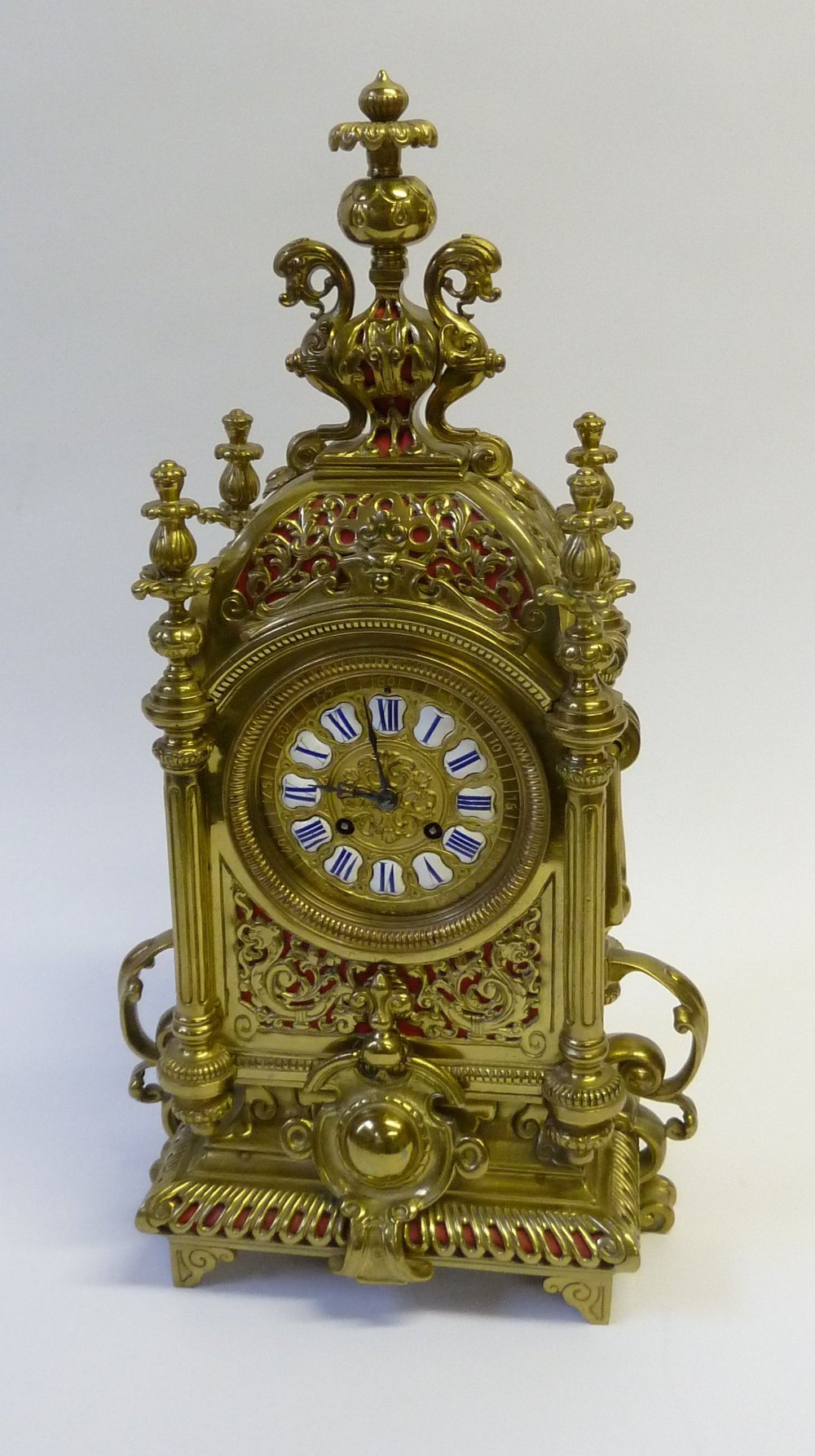 A LATE 19TH/EARLY 20TH CENTURY FRENCH GILT BRASS ORNATE MANTLE CLOCK, WITH JAPY FRÈRES SPRING DRIVEN