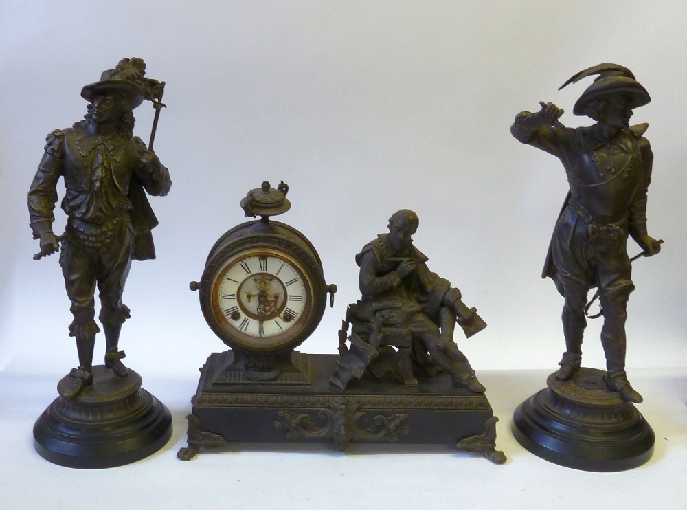 A VICTORIAN DARK PATINATED SPELTER MANTLE CLOCK, the 4 ½" dial with white roman chapter ring and