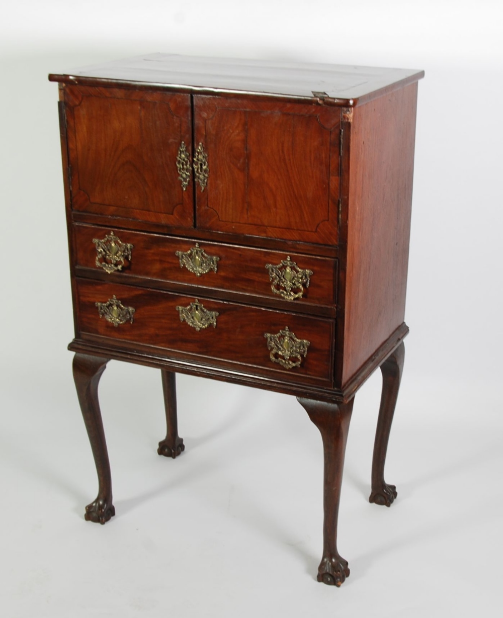 GEORGIAN AND LATER COMPOSITE MAHOGANY SIDE CABINET, the oblong cross banded top above a pair of