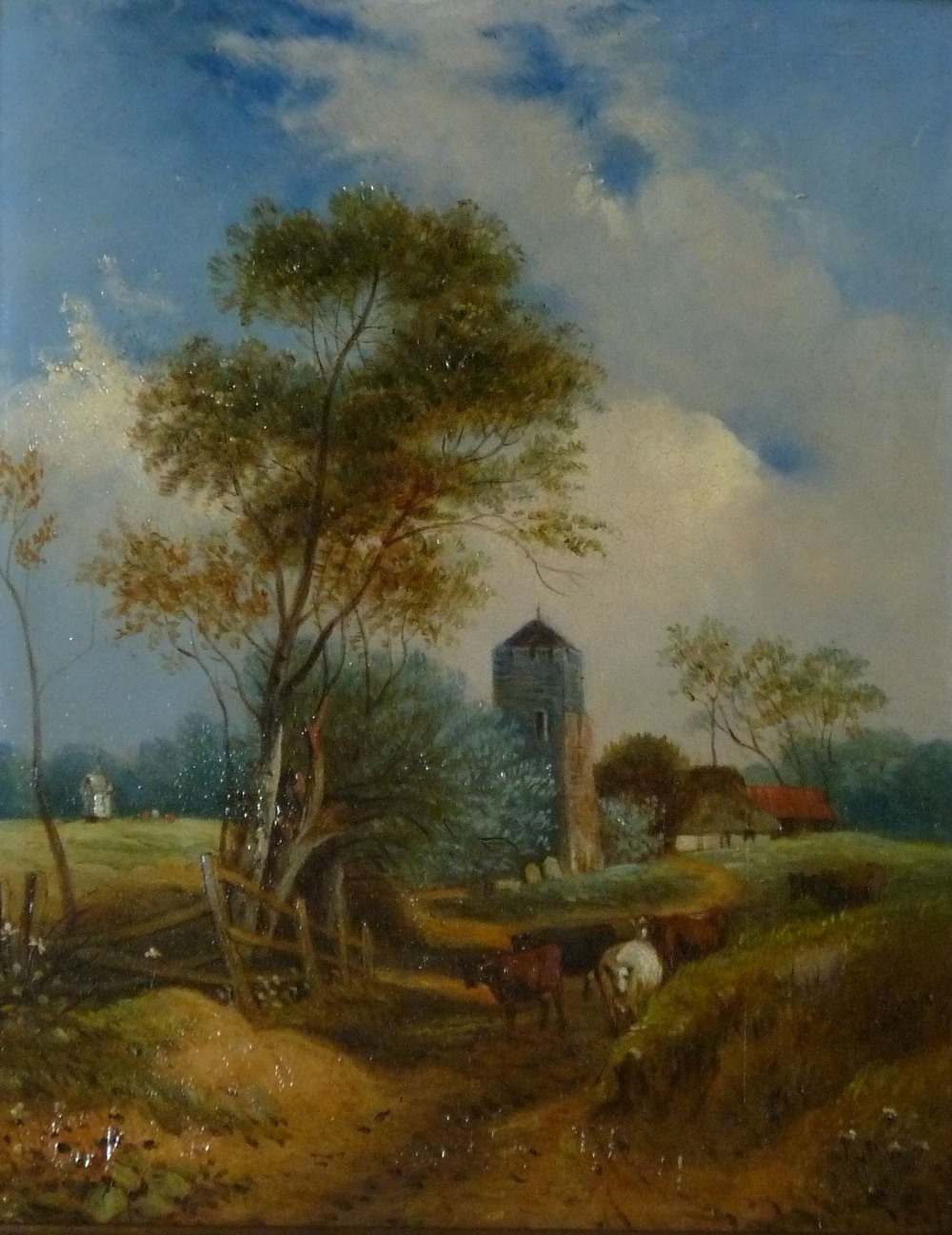 BRITISH SCHOOL (late nineteenth century) OIL PAINTING ON MILLBOARD A landscape with cattle, a church