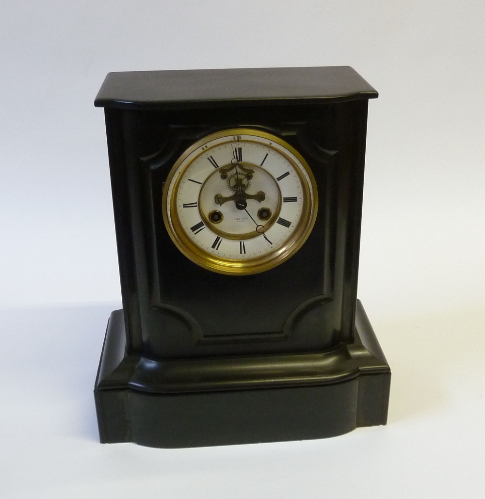 VICTORIAN BLACK SLATE MANTEL CLOCK, with French 8 days movement striking on a single bell, the white
