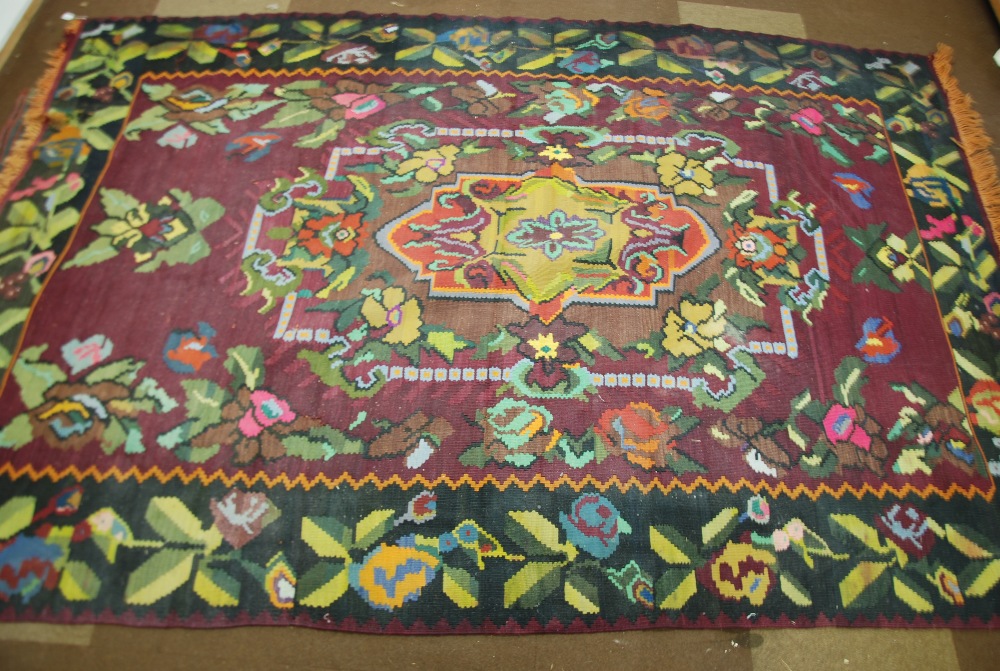 TURKISH LARGE KELIM CARPET, with large and colourful rectangular and floral centre medallion, the