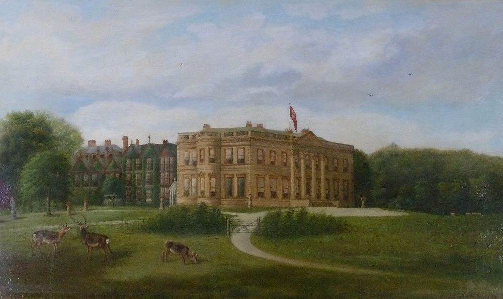 AMBROSE LEE (LATE NINETEENTH CENTURY) OIL PAINTING ON A RELINED CANVAS A stately home with deer
