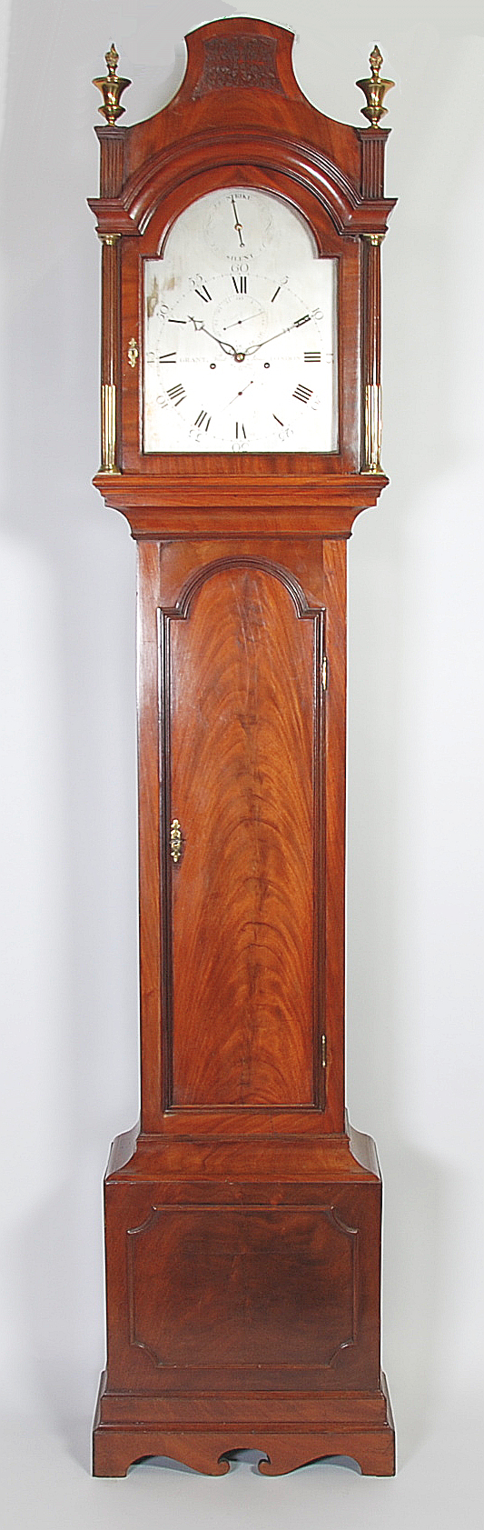 EARLY NINETEENTH CENTURY FLAME CUT MAHOGANY LONGCASE CLOCK, signed Grant, Fleet Street, London,