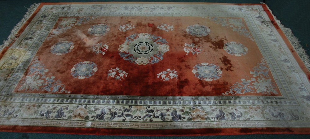 SUPER WASHED CHINESE SMALL CARPET with floral centre medallion and medallion and sprig design on a