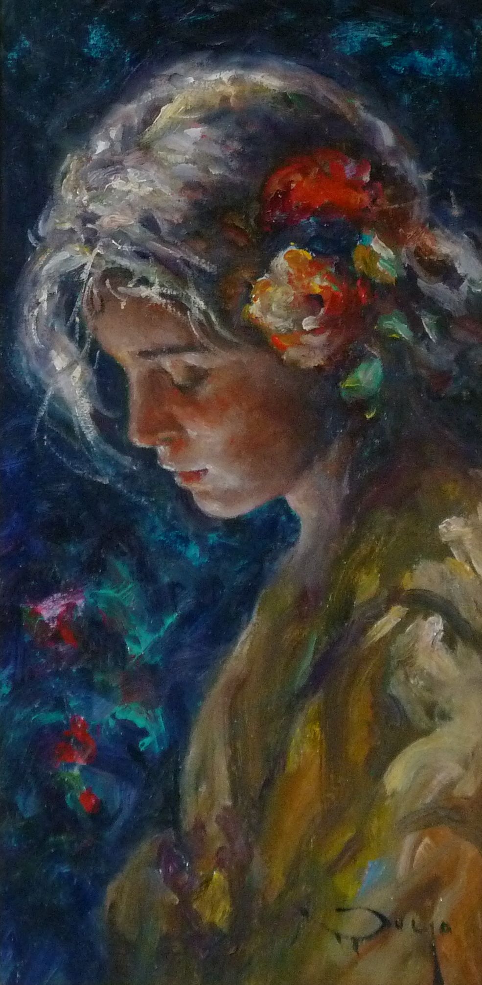 JOSE ROYO (b. 1945) OIL PAINTING ON CANVAS Head and Shoulders of a young girl, flowers in her hair