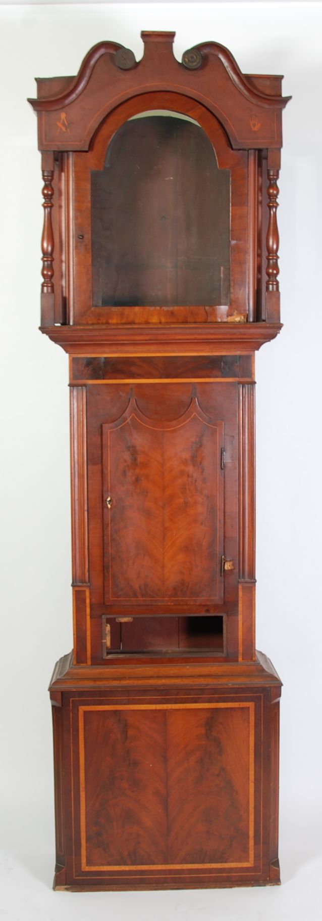 NINETEENTH CENTURY FLAME CUT MAHOGANY AND INLAID LONGCASE CLOCK, with rolling moon phase, the 14"