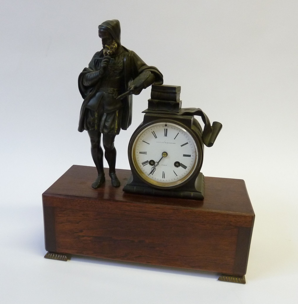 VICTORIAN BRONZE FIGURAL MANTEL CLOCK, with French 8 days striking movement, in drum case, the white