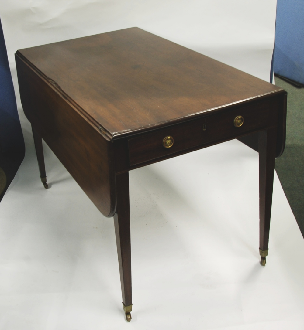 LATE GEORGIAN LINE INLAID MAHOGANY PEMBROKE TABLE, typical form, the end drawer with drawer with