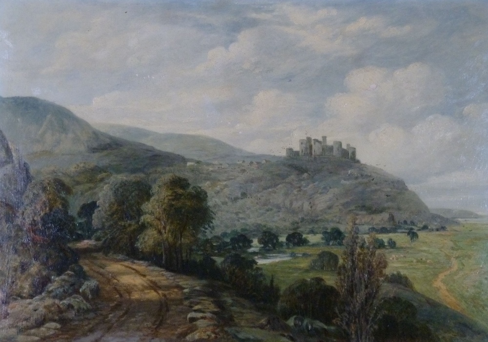 THOMAS CROSHAW JOHNSON (fl. 1852-1880) OIL PAINTING ON THIN BOARD LAID DOWN `Harlech Castle`