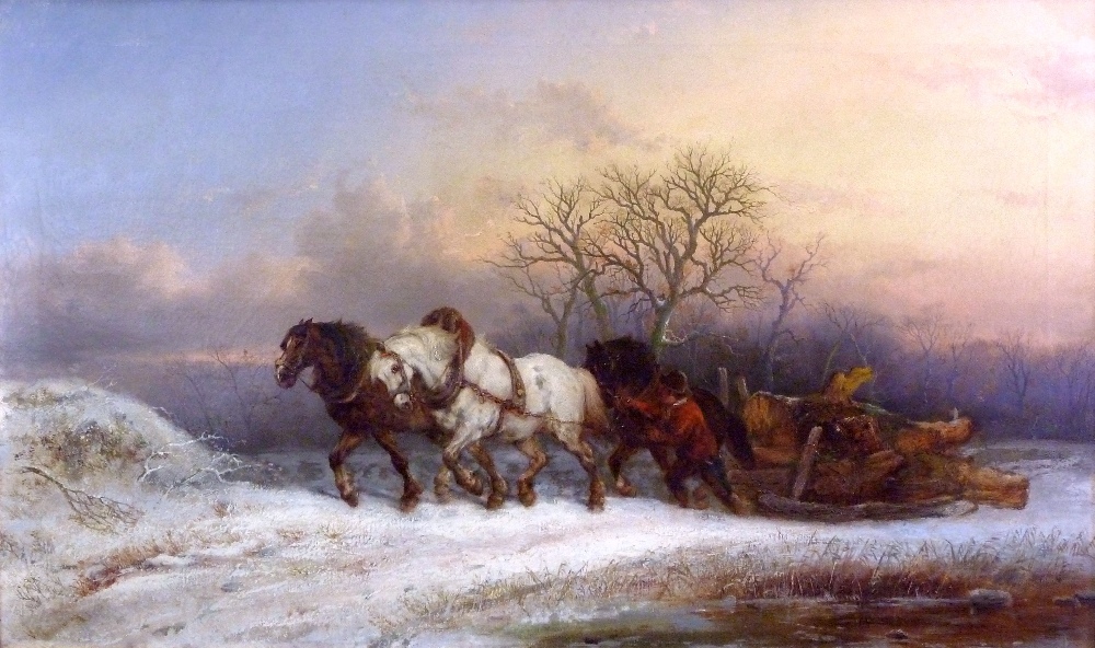 ALEXIS DE LEEUW (Belgian Fl. 1848-1883) OIL PAINTING ON CANVAS Winter landscape with a woodcutter