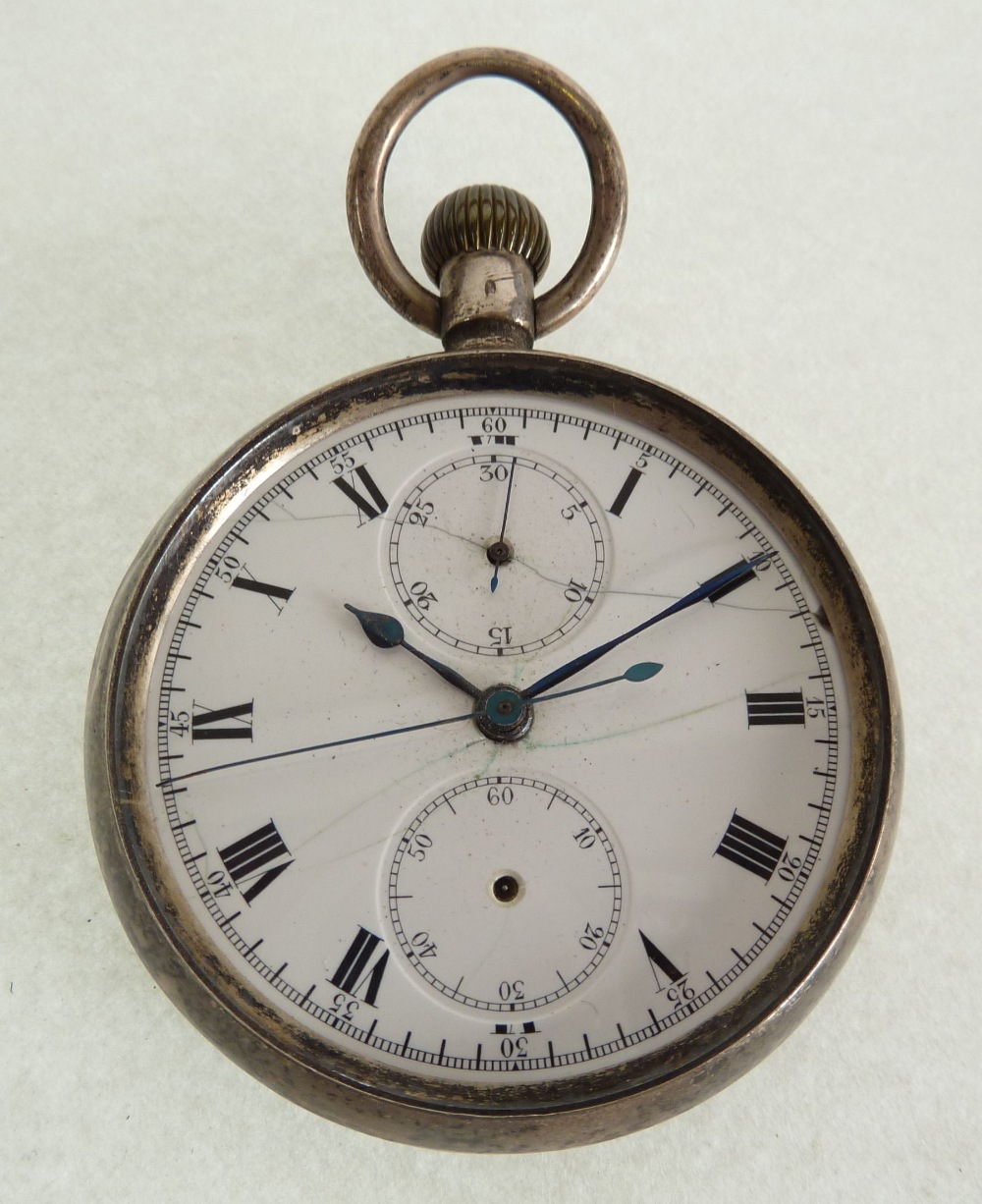 GEORGE V SILVER CASED OPEN STOP WATCH, with selfwind movement having centre seconds and two