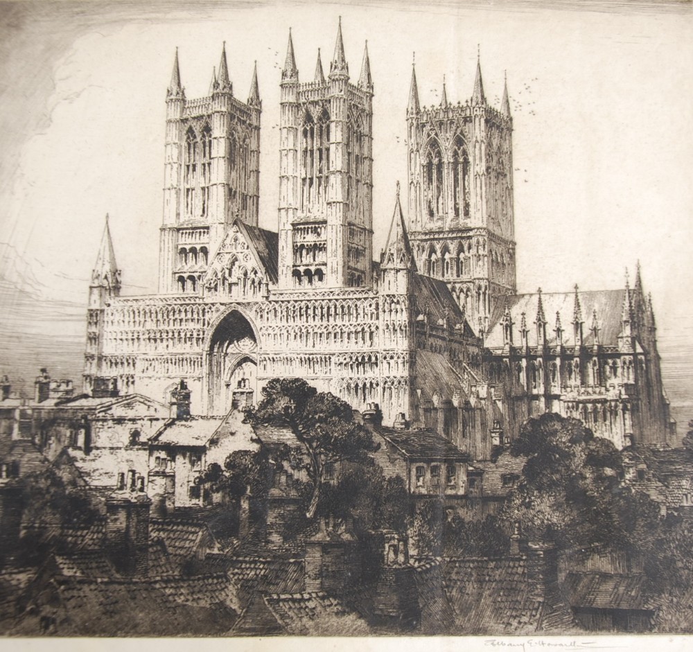 ALBANY E. HOWARTH original etching `Lincoln Cathedral` signed in pencil 12 1/2" x 14 1/2" (32 x