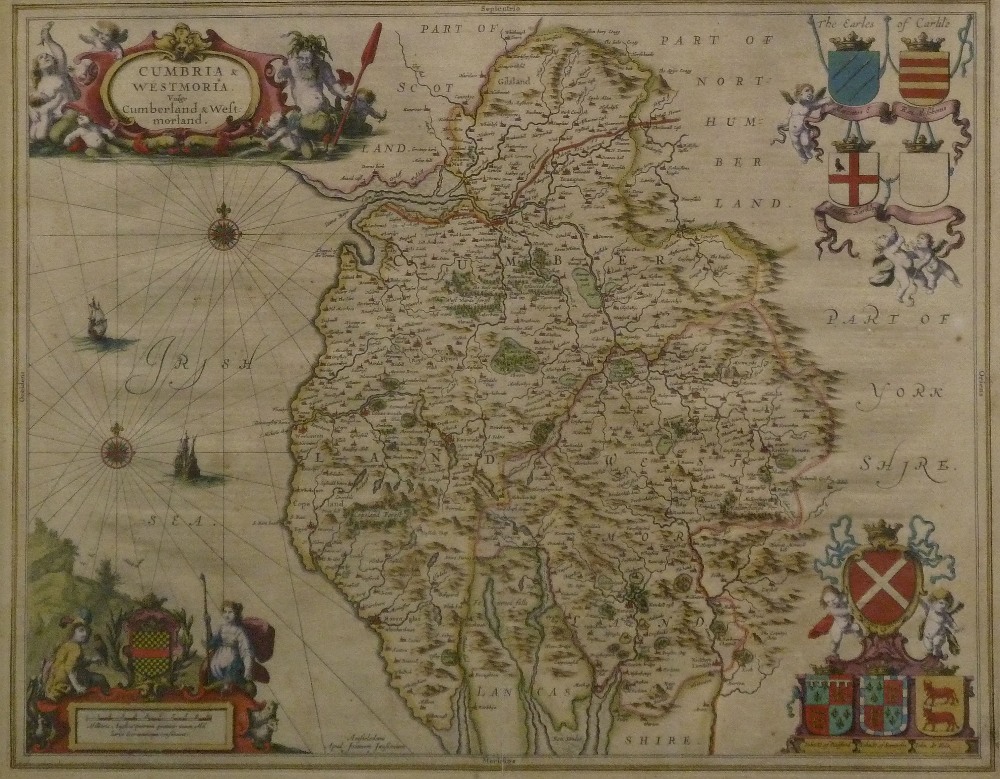 JOHANNES JANSSON ANTIQUE HAND COLOURED MAP OF CUMBRIA and WESTMORLAND text verso 17 1/2" x 21 1/