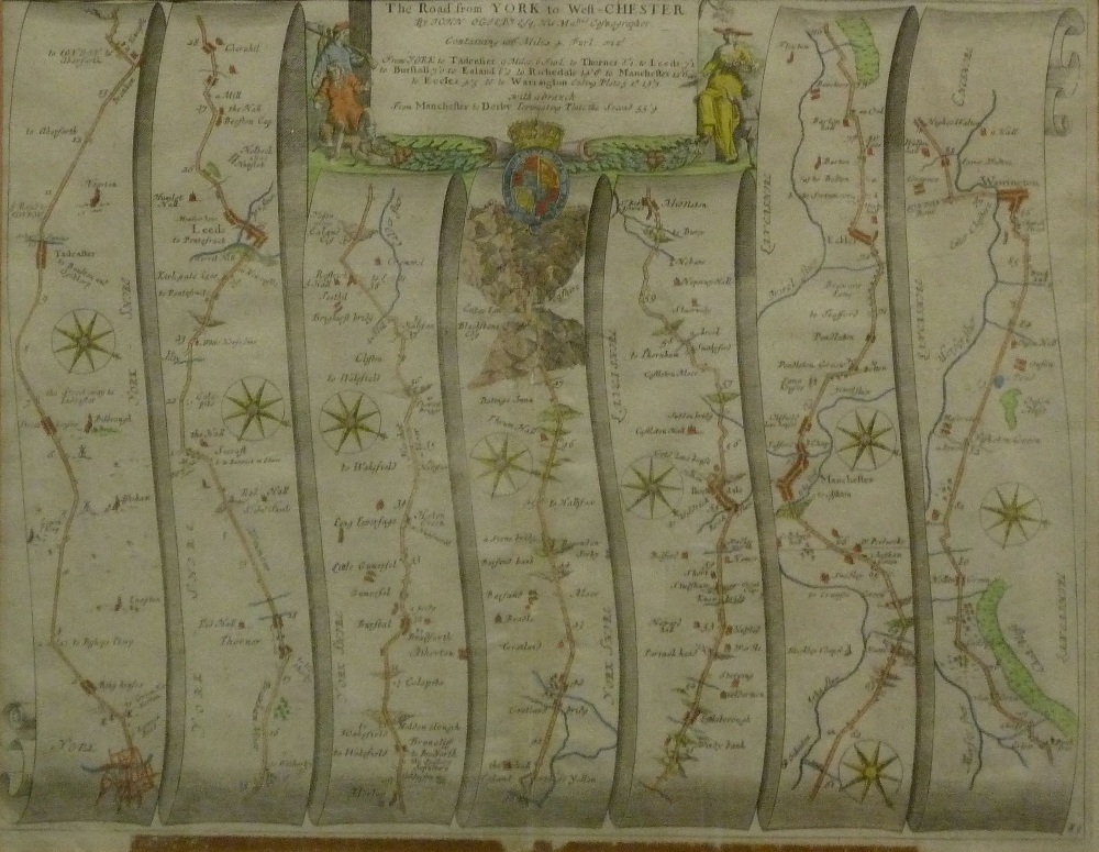 JOHN O`GILBY ANTIQUE HAND COLOURED PART ROAD MAP from York to West Chester comprising the section