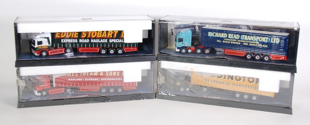 FOUR CORGI MODERN TRUCKS SERIES LARGER SCALE MINT AND BOXED MODELS OF ARTICULATED CURTAIN SIDED