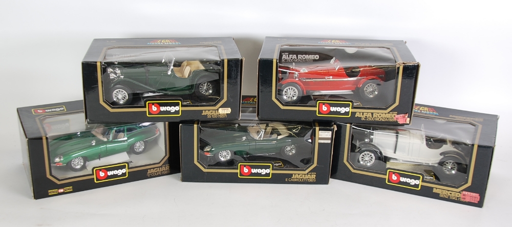 FIVE BURAGO 1:18 SCALE DIE CAST MINT AND BOXED MODELS OF CLASSIC SPORTS CARS by Jaguar, Alfa Romeo