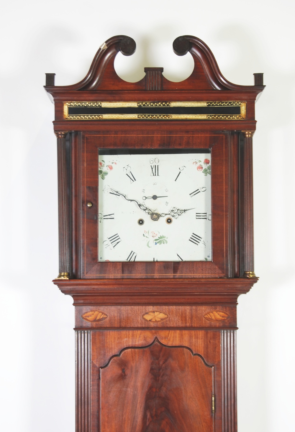 LATE EIGHTEENTH CENTURY MARQUETRY AND LINE INLAID MAHOGANY LONGCASE CLOCK, the 13 1/4" painted