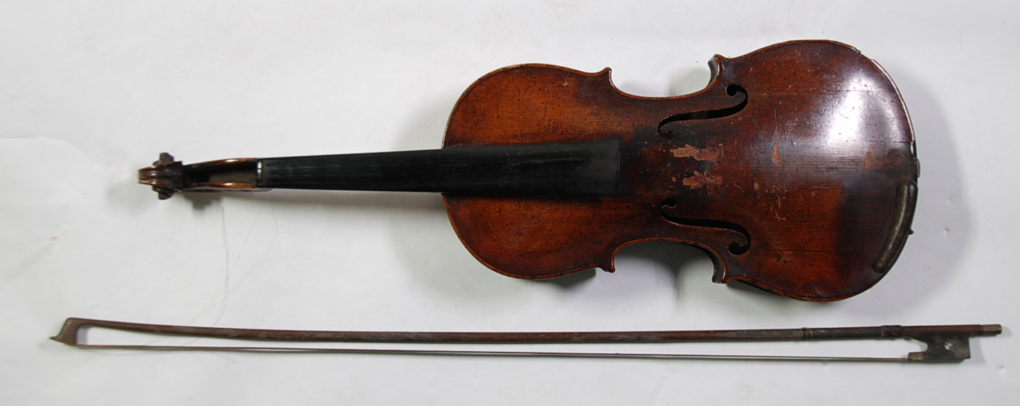 POSSIBLY MID NINETEENTH CENTURY VIOLIN, having deeply formed one piece 14 1/4" back, lacks any