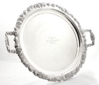 A large Ranleigh silver plated two handled tray, the rim heavily decorated with grapes and vines,