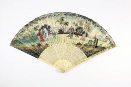 A 19th century Chinese ivory and painted paper fan, the guards sticks with cut out geometric pattern