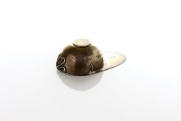 A Georgian silver jockeys cap caddy spoon by Hester Bateman, with tied ribbon back, and engraved