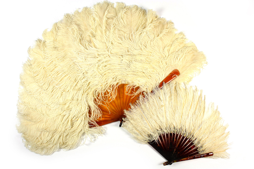 Two cream ostrich feather fans, early 20th century, the larger with plastic sticks, the smaller with