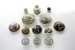 A collection of assorted Staffordshire pot lids and jars, comprising: six pictorial pot lids,