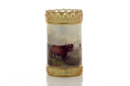 A small Royal Worcester spill vase by J. Stinton, dated 1905, painted with a scene of highland